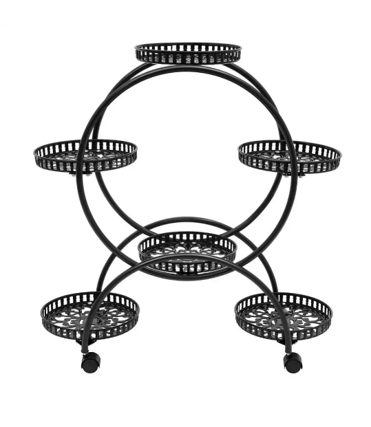 Tall Black 6-Tiered Metal Iron Plant Flower Pot Stand with 4 Wheels