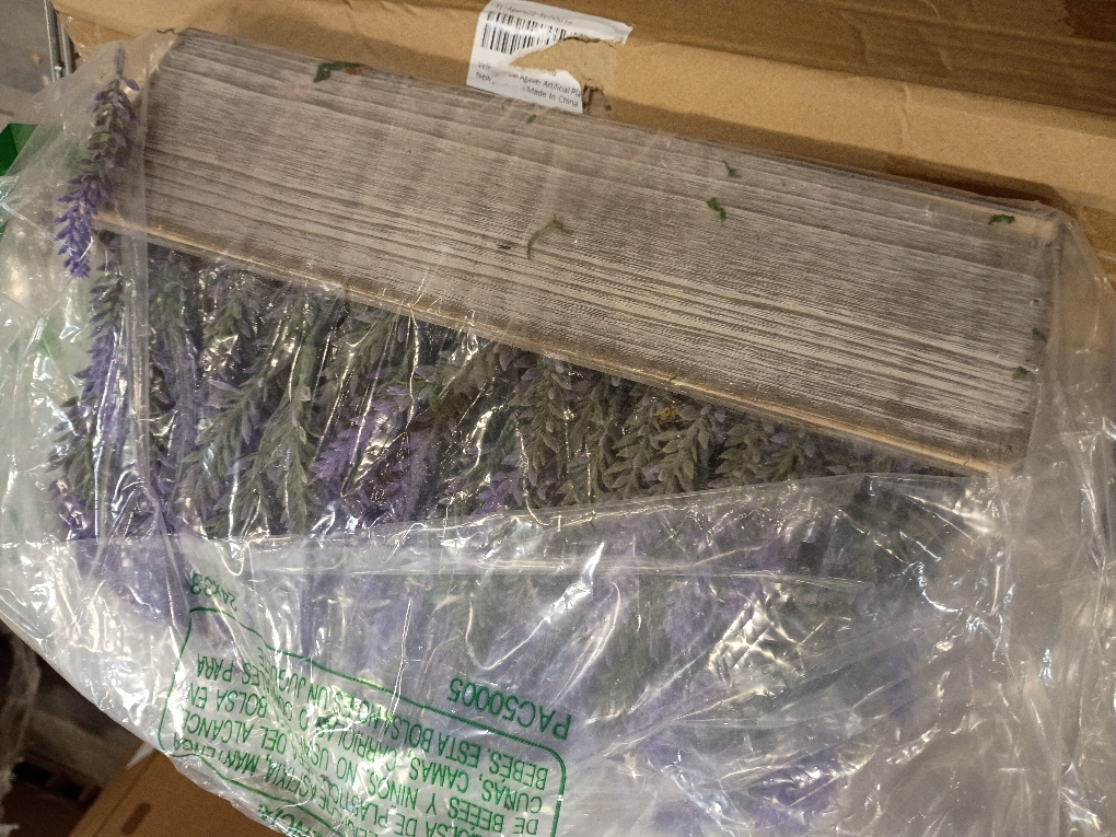 Fake Lavender Flower Arrangement in Rustic Rectangular Wood Planter Box Artificial Potted Lavender Plant for Gifts Farmhouse Wedding Centerpiece Kitchen Windowsill Table Shelf Indoor Greenery Decor