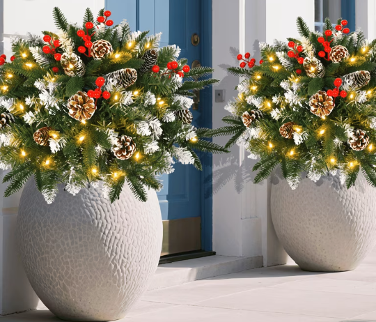2 Pack 18 Lighted Outdoor Christmas Urn Filler with Remote & Timer, 60 LEDs Pre-lit Snowy Artificial Xmas Tree Planter Insert, Velvet Bows for Front Porch, Yard Decor(Olive Green)