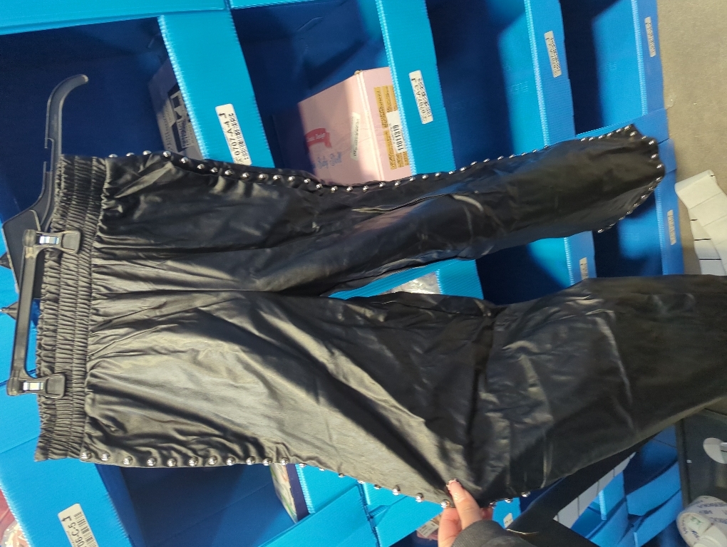 Size L Women's Wide Leg Faux Leather Pants Rivets Pearls Elastic Waist Beggy Trousers with Pockets