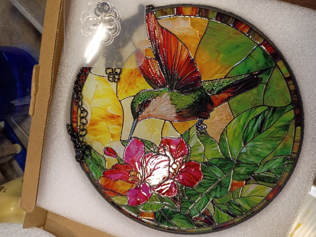 Stained Glass Suncatcher, Hummingbird Red Flowers Green Leaves Sun Catcher Stain Glass Window Hanging Decoration Mother's Day Birthday Gifts for Bird Lover Women Men Mom Nana 6.3 in
