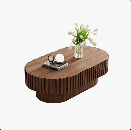 Oval Coffee Table,Mid Century Modern Fluted Coffee Table with Pedestal, Classic Wood Brown