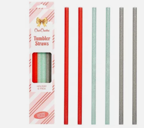 CharCharms 6pk 40oz Glitter Water Bottle Straws - 2 Ea Red, Green & Silver NIB