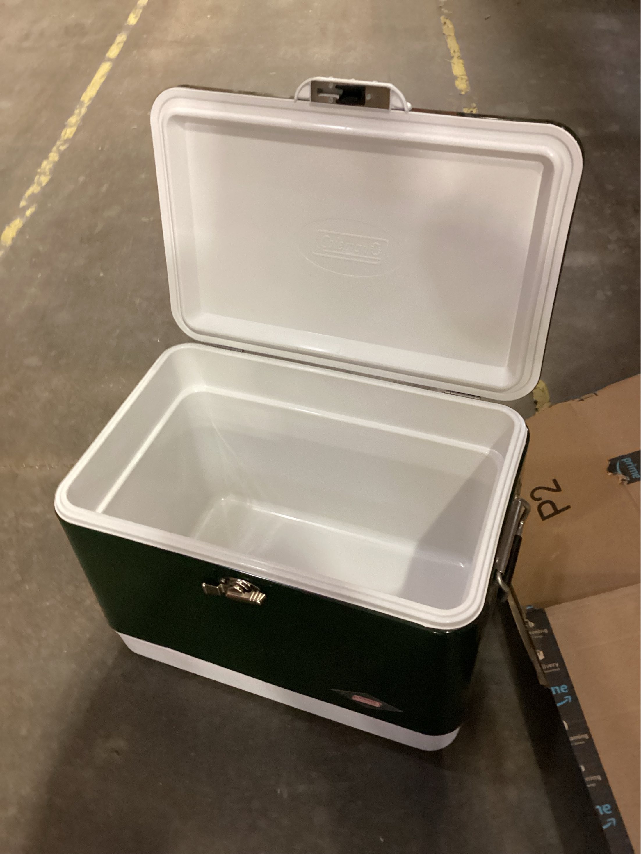 Coleman Vintage 54qt Steel Belted Cooler, Keeps Ice Up to 4 Days, 85-Can Capacity Hard Cooler with Drain & Have-A-Seat Lid has a few dents on lid and front