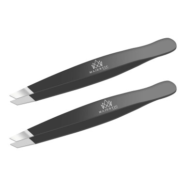 Majestic Bombay Pointy Slanted Tweezers for Women Sharp Tweezers for Hair Removal, Black , 2 Pack