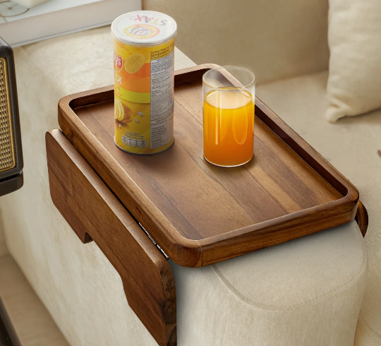 Acacia Wood Sofa Armrest Tray - Double Hinge Sofa Arm Tray Table Clip