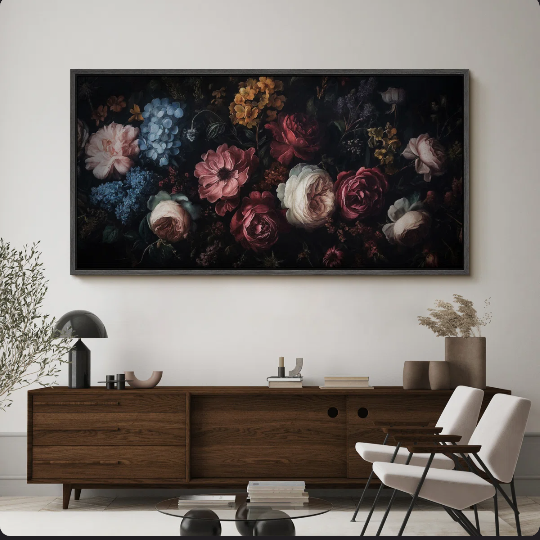 Lush Floral Arrangement With Roses And Hydrangeas Antique Retro Artwork Extra Large Painting  30 H x 60 W