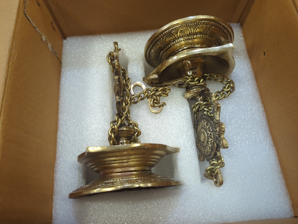 Size 25.75 StonKraft - Pair of Brass Hanging Diya, Oil Lamp, Lamp for Home and Office (Hanging Length 25.75)