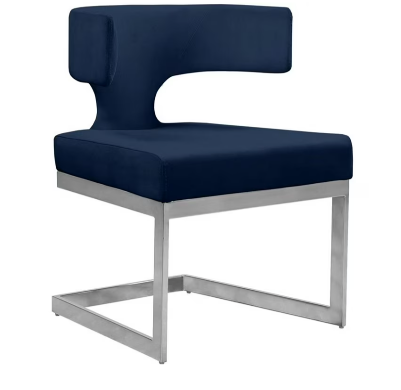 Pemberly Row Contemporary Navy Velvet Dining Chair with Rich Chrome Metal Base