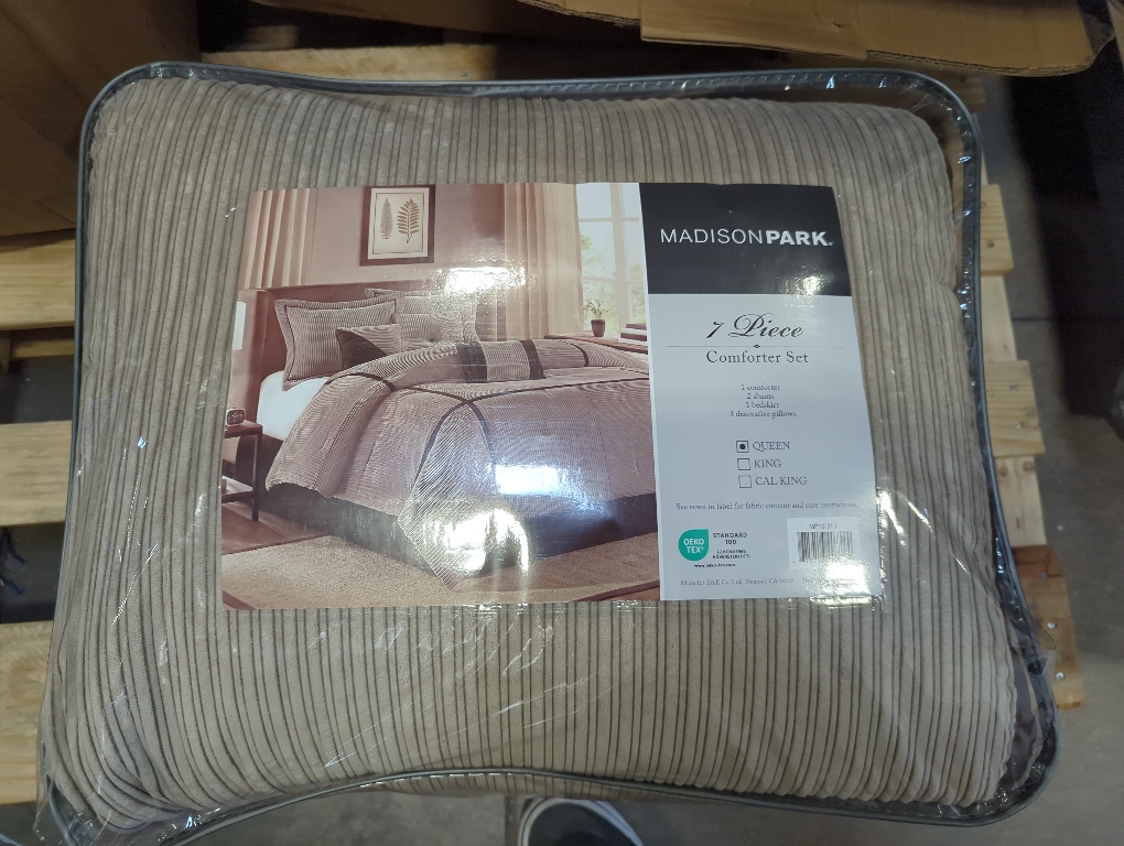 Queen Madison Park Cozy Comforter Set Casual Blocks Design All Season, Matching Bed Skirt, Decorative Pillows, Dallas Corduroy, Taupe Brown, 7 Piece