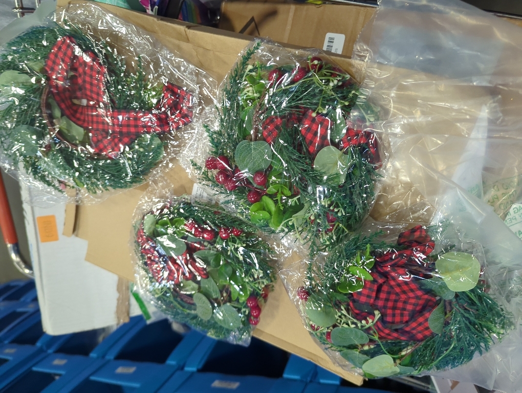 4 Pcs 9.5 Mini Christmas Wreath for Cabinets, Christmas Wreath for Kitchen Decor, Mini Wreaths with Ribbon and Cherry, Door or Kitchen Decor