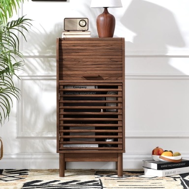 Mid-Century Modern Accent Cabinet, Narrow Cabinet with Tambour Sliding Door and Slatted Front Design, Storage Cabinet with Adjustable Shelf for Living Room, Entryway, Hallway or Small Spaces