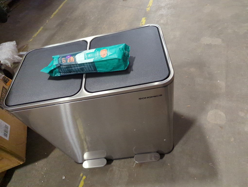 SONGMICS Trash Can, 2 x 10.6 Gallon (2 x 40 L) Garbage Can for Kitchen, with 15 Trash Bags, 2 Compartments, Plastic Inner Buckets and Hinged Lids, Airtight, Silver and Black ULTB730E80