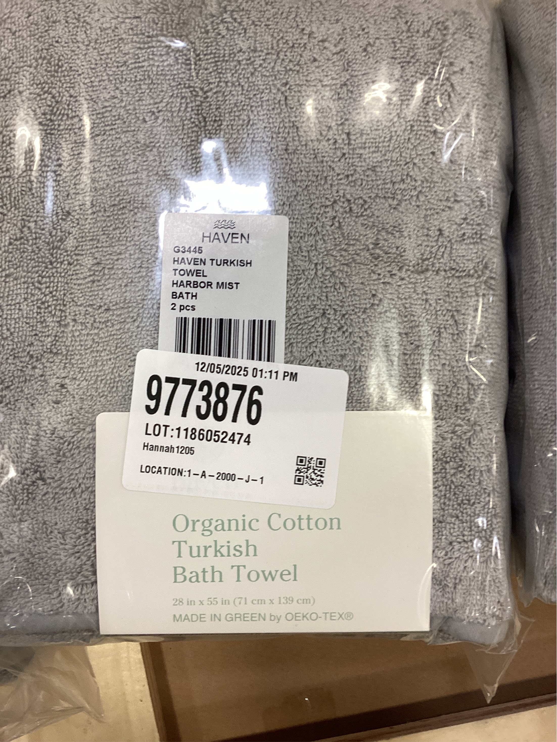 Haven Turkish Cotton Bath Towel in Harbor Mist Grey 2 PACK