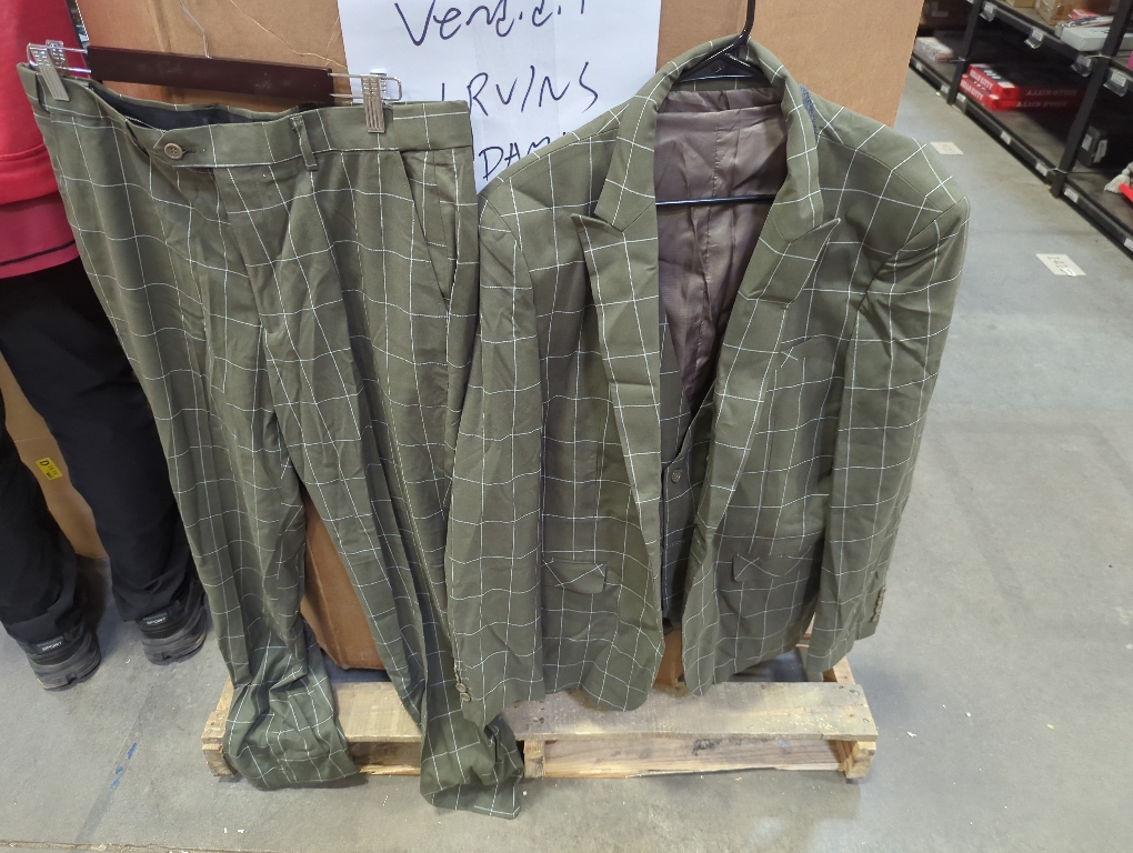 Aesido Mens 2XL-XL Green 3pc Suit Plaid Tuxedos Business Suits Slim Fit Double Breasted