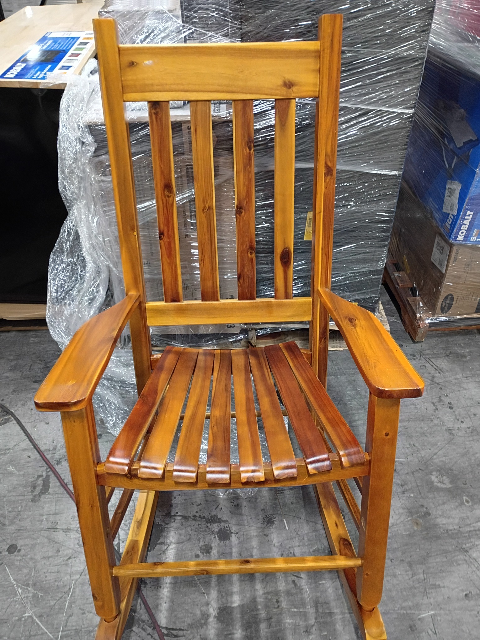 Shine Company Vermont Porch Rocker, High Back Acacia Wood Rocking Chair, Oak (little Damaged; see the picture)