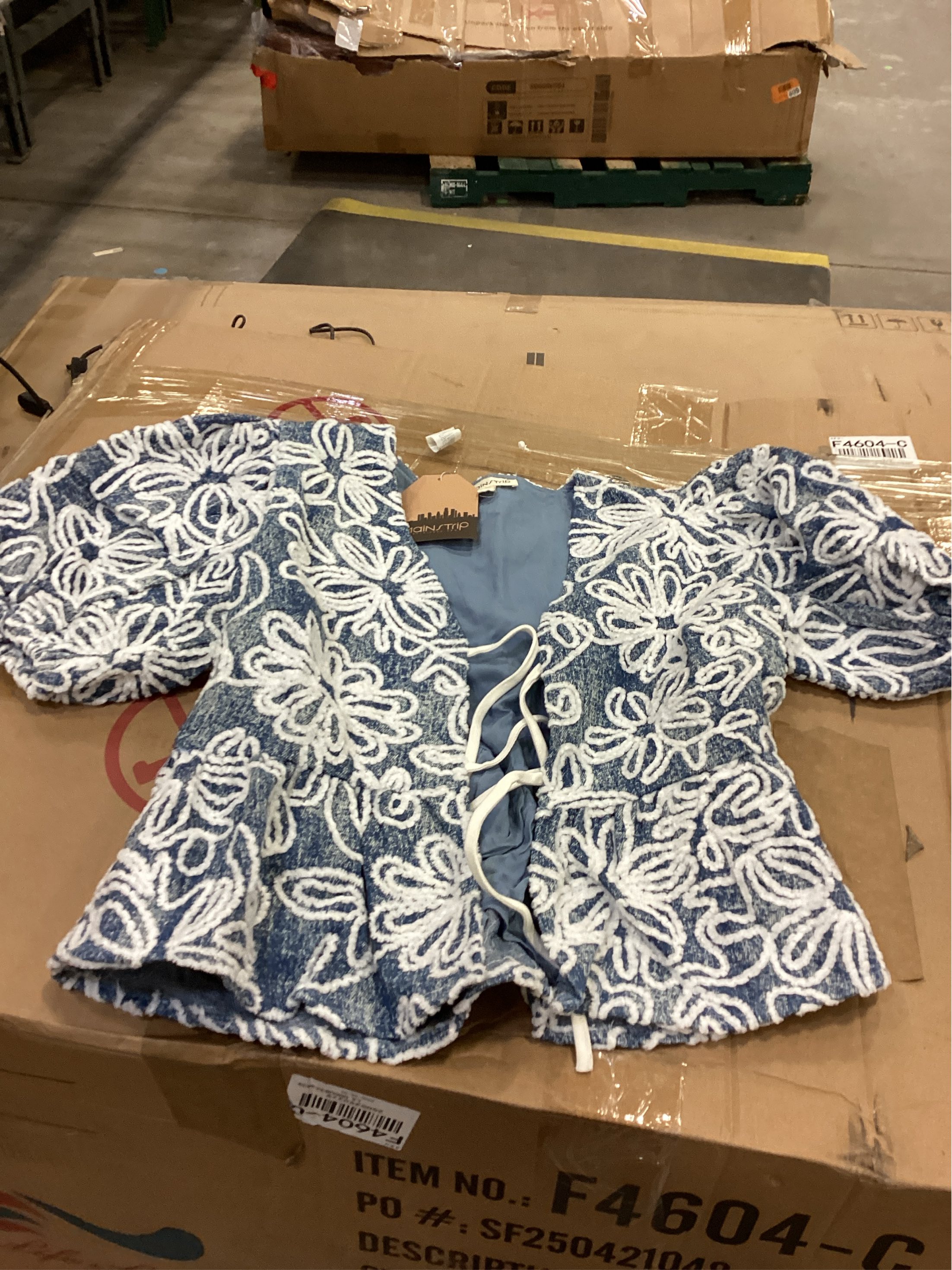 Denim Embroidered Crop Top with Front Tie Detail SIZE SMALL