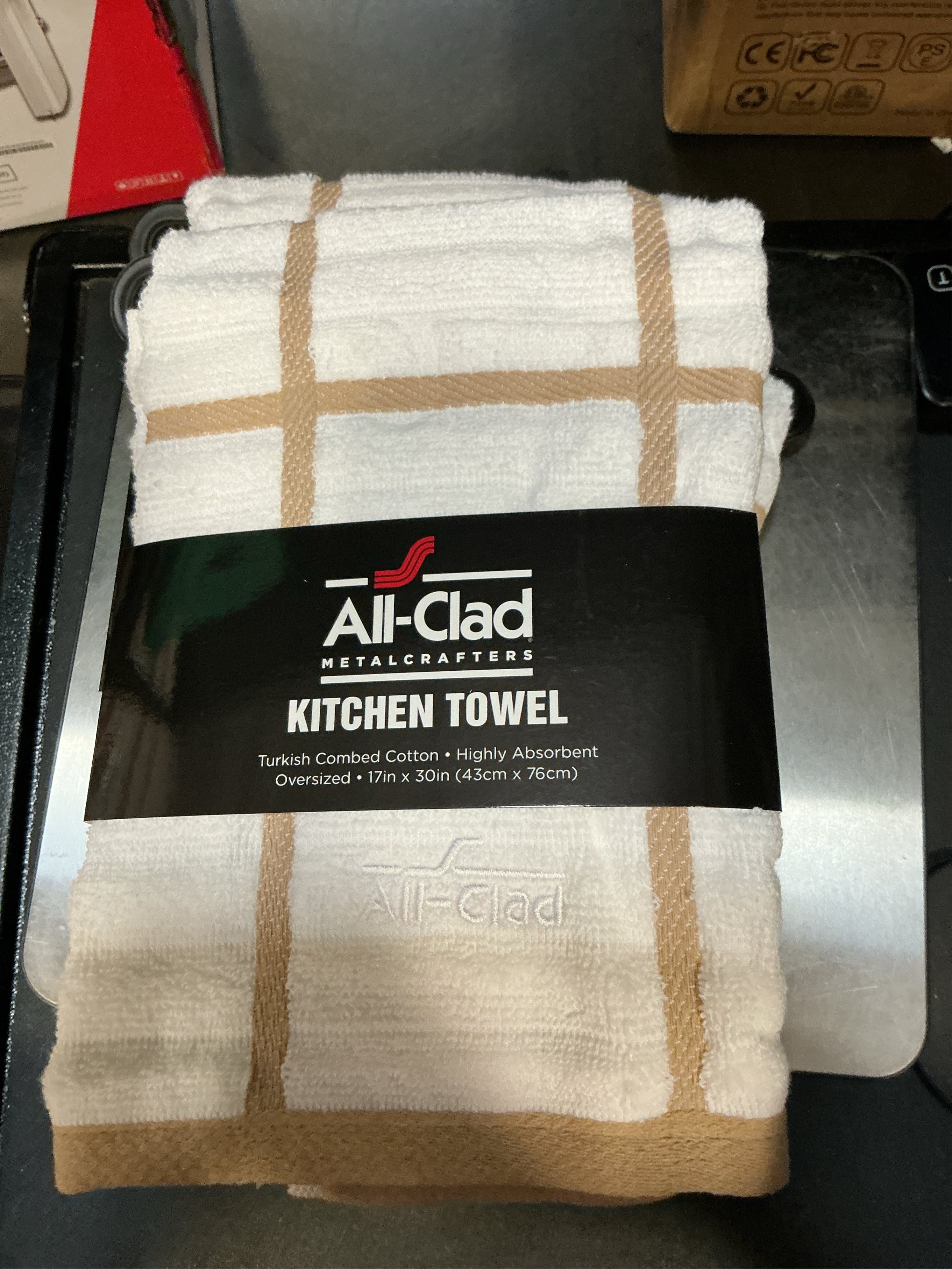 3 Packs All-Clad Checked Kitchen Towel: Highly Absorbent, Super Soft Long Lasting - 100% Cotton, 17x30 Tea Towel for Cleaning & Drying Dishes, Pans, Glassware, or Countertops, (1-Pack), Cappuccino