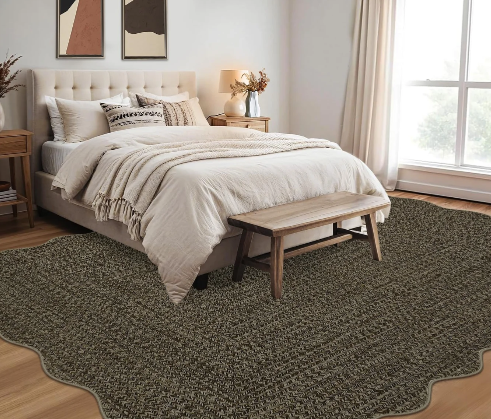 Garvee 6' × 9' Scalloped Braided-Look Area Rug, Machine Washable Non-Slip Low-Pile Soft Rug for Living Room, Bedroom & Office, Brown