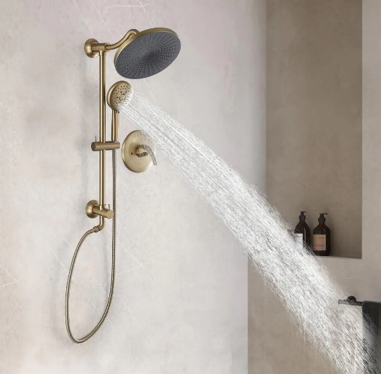 2-Spray Patterns 10 in. Wall Mount Dual Shower Heads with 5-Setting Hand Showers System in Brushed Gold