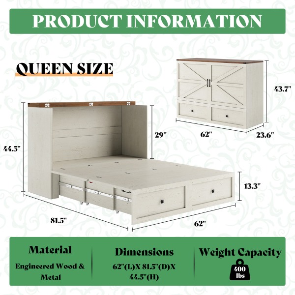 Size Queen Color White Wilkinson Farmhouse Queen Murphy Bed with Large Storage Drawer & Charging Station, White