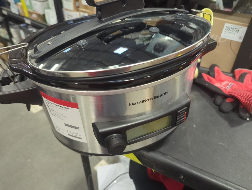 Hamilton Beach Portable 6 Quart Set & Forget Digital Programmable Slow Cooker with Lid Lock, Temperature Probe, Dishwasher Safe Crock & Lid, Stainless Steel (33969A)