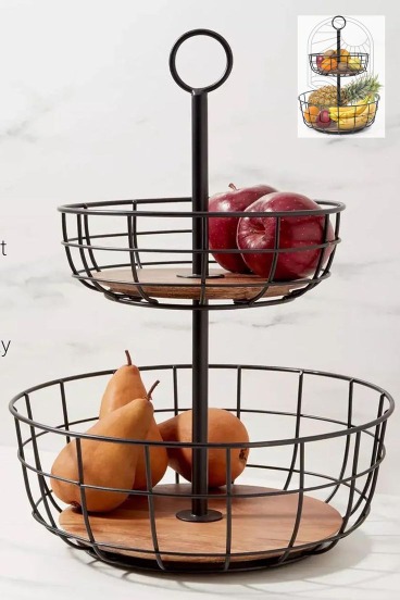 2 Tier Fruit Basket mango wood and iron NEEDS BOLT
