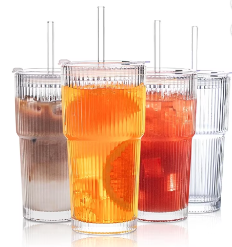 20 oz Ribbed Glass Tumblers with Lids and Straws – 4-Piece Glassware Set