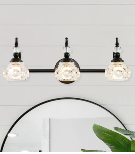 3 Lights Bathroom Lighting,Vintage Bathroom Vanity Light with Crystal Glass Shade - Black