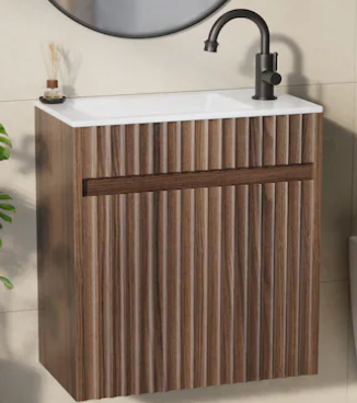 VINGLI 18 inch Walnut Floating Fluted Bathroom Vanity NO SINK