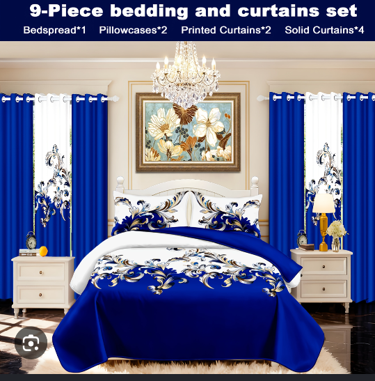 Size cal king Baroque Style Luxury 9pcs Bedding And Curtains Set, 1 Baroque Bedspread, 2 Pillowcases, 4 Solid Curtains, 2 Baroque Printed Curtains, All Seasons