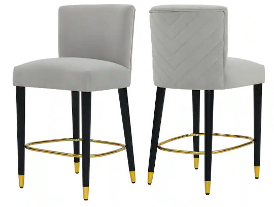 Upholstered Fabric Bar Stools Set of 2, Counter Height Bar Stools, Gray and Black