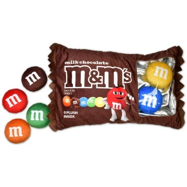 M&M pillow with 6 small M&M plushies inside