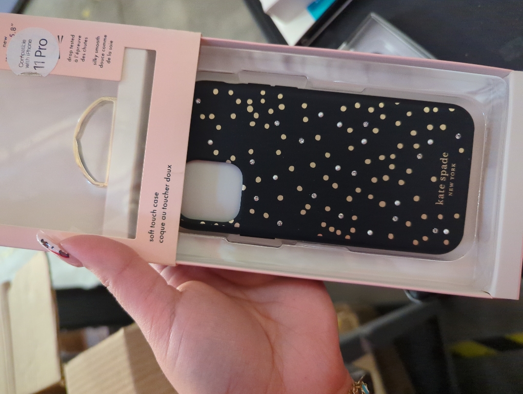 kate spade new york Protective Hardshell Case (1-PC Comold) for iPhone 11 Pro, Soft Touch Disco Dots Black/Gold/Crystal Gems/Pearls