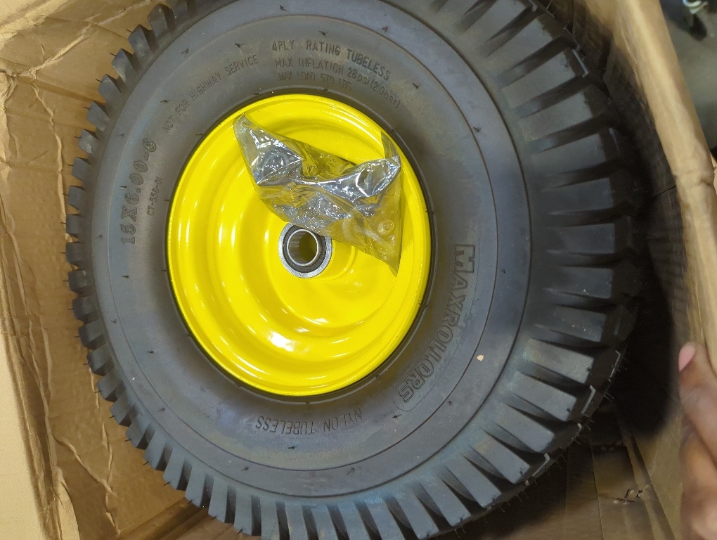 AR-PRO 15x6.00-6 Front Tire and Wheel, Compatible with John Deere 100/D100 | 3 Centered Hub, 3/4 Bushings, 4-Ply Pneumatic Tire, Riding Mower Front Wheel Assembly, Exact Replacement, 2-Pack