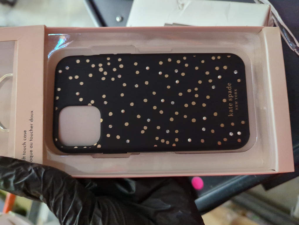 kate spade new york Protective Hardshell Case (1-PC Comold) for iPhone 11 Pro, Soft Touch Disco Dots Black/Gold/Crystal Gems/Pearls