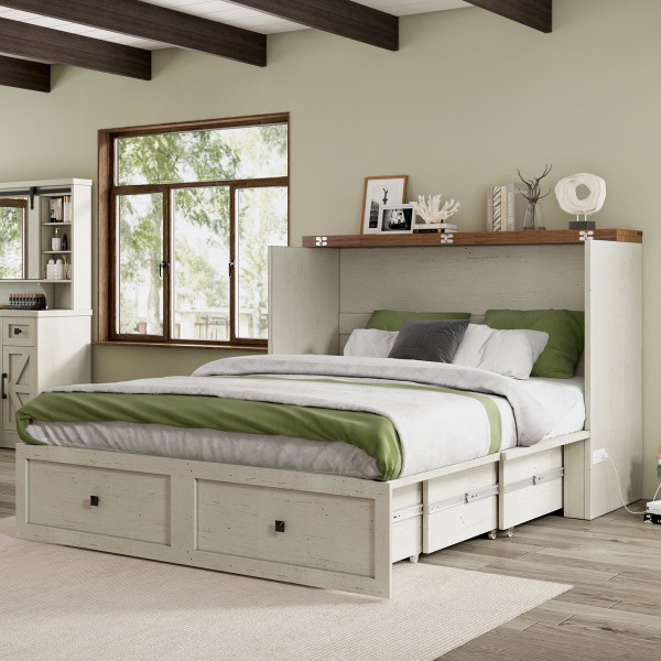 Size Queen Color White Wilkinson Farmhouse Queen Murphy Bed with Large Storage Drawer & Charging Station, White