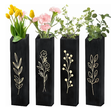 peacoblue Wood Wall Planter, 4 Pack Indoor Pocket Wall Vases Decor for Boho Farmhouse Living Room Bedroom Dried Flowers Faux Greenery Plants Black