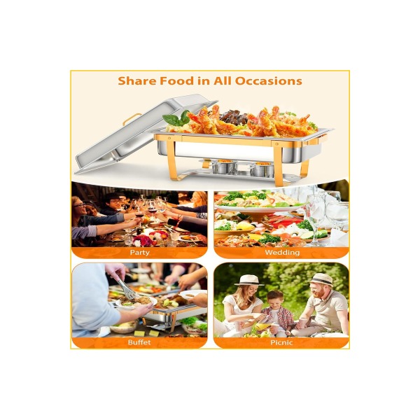 Chafing Dish Buffet Set - 8QT Stainless Steel, w/Lid Holder   Serving Spoon & Tweezers | Durable Portable for Catering, Weddings, Home Dining | Keep Food Warm & Easy Clean，Gold
