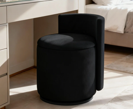 360° Swivel Vanity Stool with Storage, Corduroy Round Vanity Chair with Curved Back Black