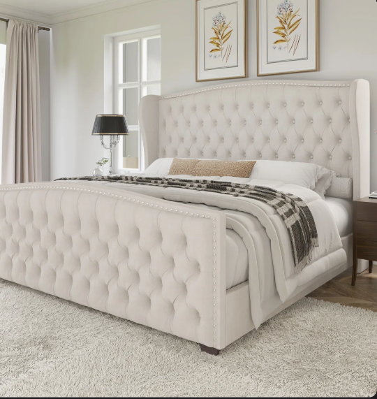 King DuJuan Deep Button Tufted Upholstered King Bed with Nailhead Trim Wingback Headboard, Cream