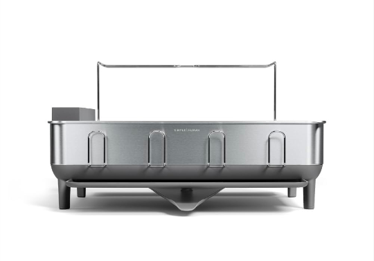 simplehuman Steel Frame Dishrack, Large Capacity Dish Drying Rack, 360º Easy Drain Swivel Spout, Utensil & Wine Glass Holder, Anti-Residue Coating, Moisture Control Surface, Brushed Stainless Steel