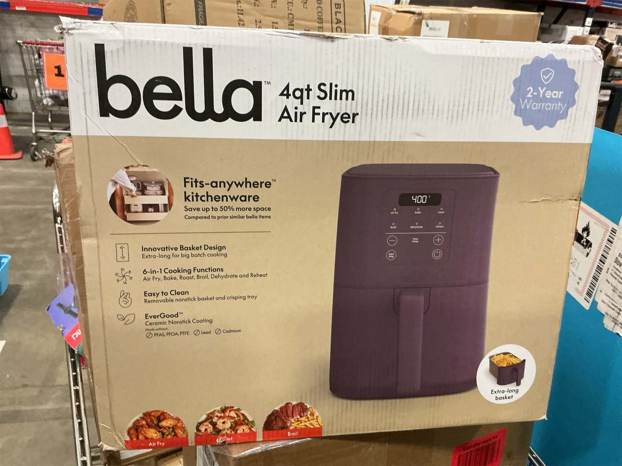 bella 4Qt Slim Air Fryer, Fits-anywhere™ Kitchenware, EverGood™ Ceramic Nonstick Coating, Adjustable Temperature, 6 Preset Cooking Options, 60 Min Auto Shutoff w Audible Tone, 3.3lb Capacity, Plum