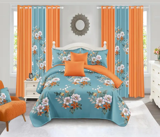 9-piece blue floral bedspread and curtain set featuring a thick printed bedspread, matching pillowcases, and matching curtains