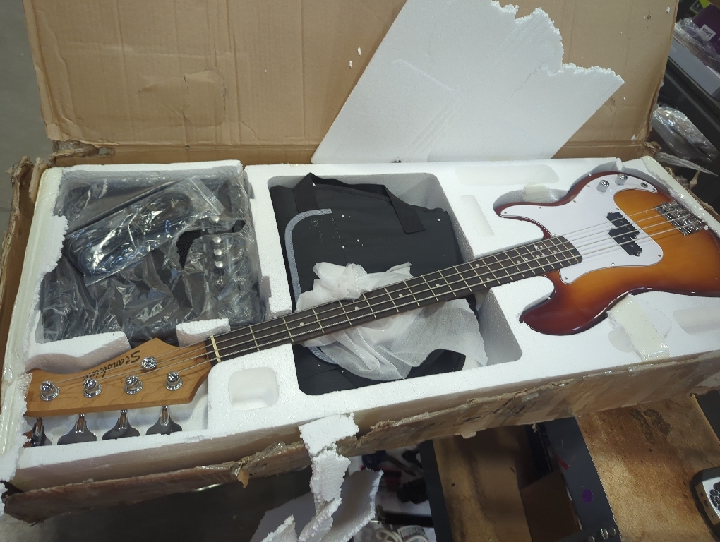 GLARRY Full Size Electric Bass Guitar Beginner Kit 4 String Exquisite Basswood Bass with 20W AMP, Cable, Strap, Bag and Accessories (Sunset, 39Right Handed)