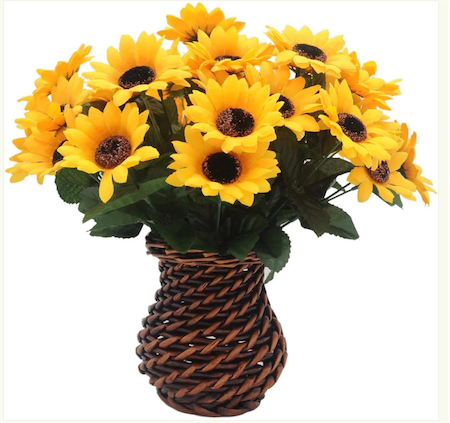 Velener Artificial Silk Sunflower with Rattan Vase Daisy Arrangement, Flowers & Stems, Sunflower Bouquet, Handmade Willow, Fake Flowers in Vase for Home Decor