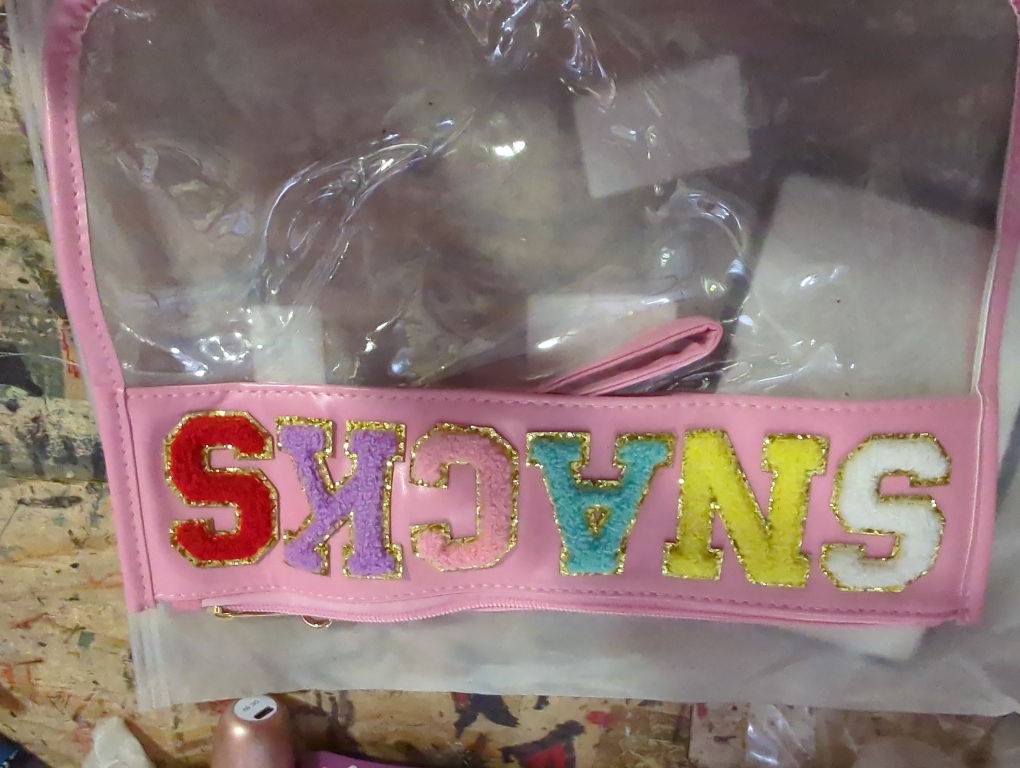 Large Chenille Letter Clear Zipper Pouch for Travel, Nylon Makeup Letter Bag, PVC Waterproof Cosmetic Bag, Snack Bags for Women Girls, Clear Stuff Bags For Travel(Pink-Snacks)