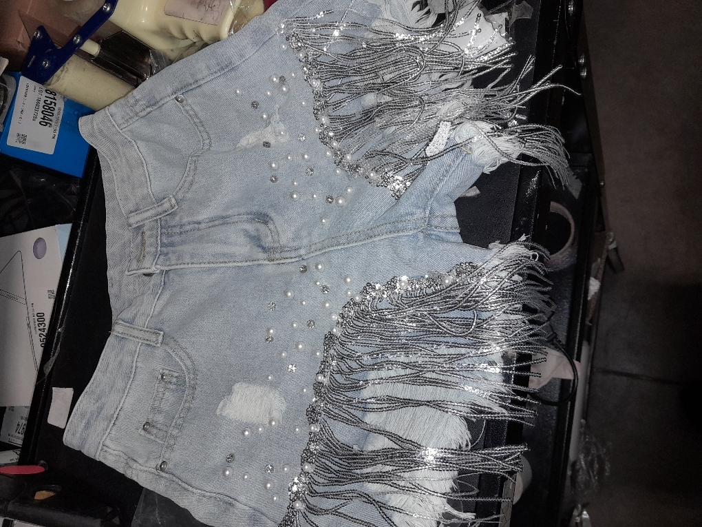 Women's Summer Shorts Beaded High Waisted Wide Leg Denim Shorts Casual Solid Color Jeans size small