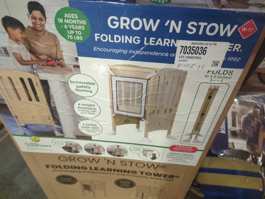 Little Partners Grow 'N Stow Folding Learning Tower, Adjustable Montessori Kitchen Counter Toddler Platform for Cooking, 35 H x 23.25 W x 23 D, Ages 18 mos. to 6 yrs. (Natural)