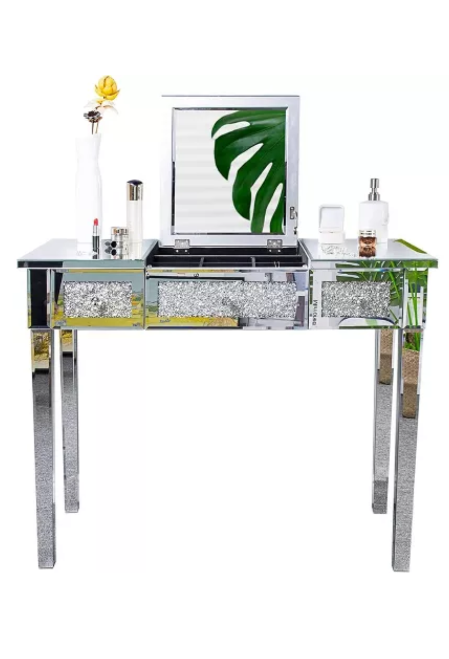 VINGLI Mirrored Vanity Desk With Drawers and Flip Mirror, Glass Table, Silver Makeup Desk for Bedroom/Makeup Room